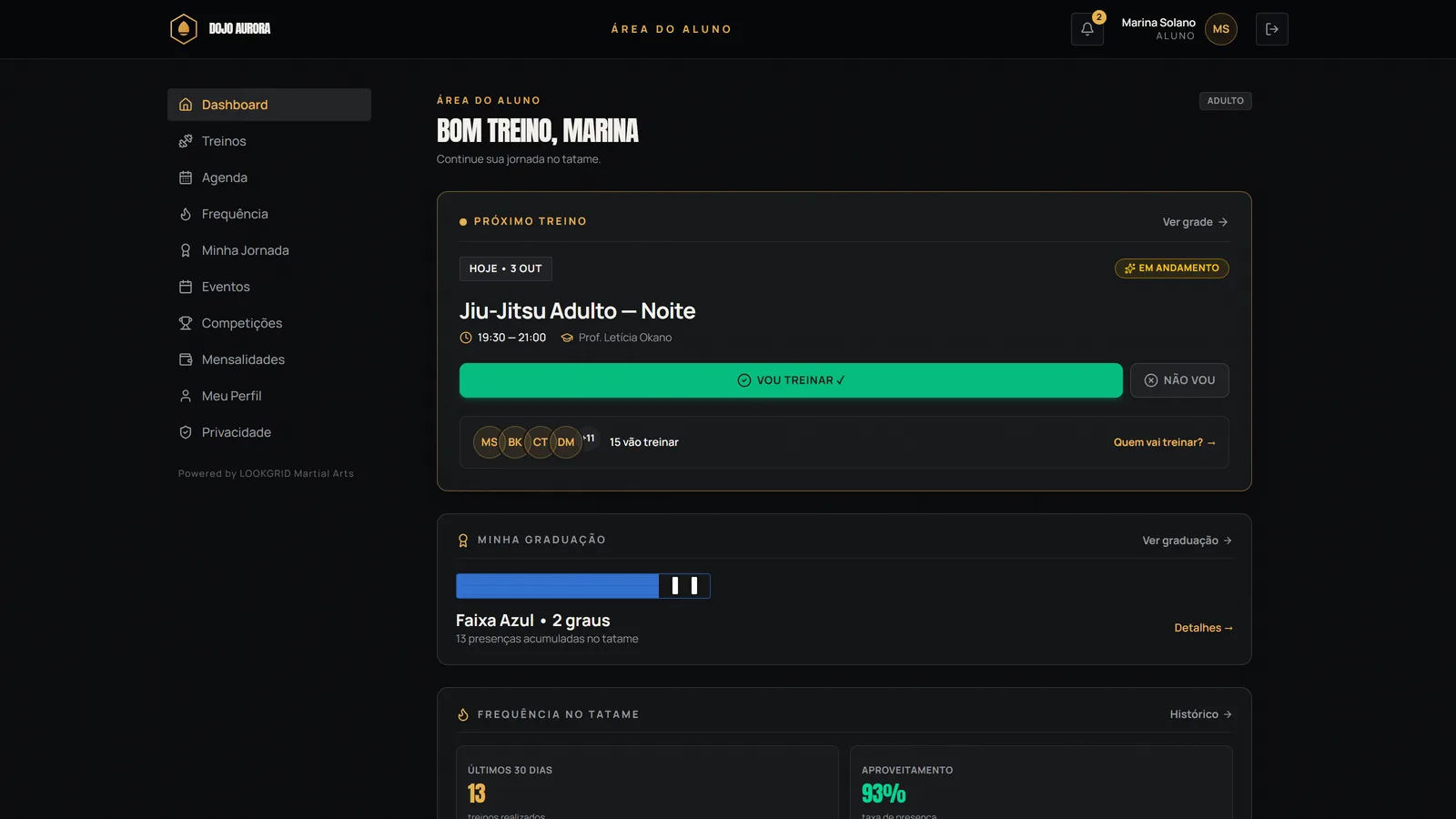 Dashboard do aluno no LOOKGRID Martial Arts com próximo treino, graduação e frequência