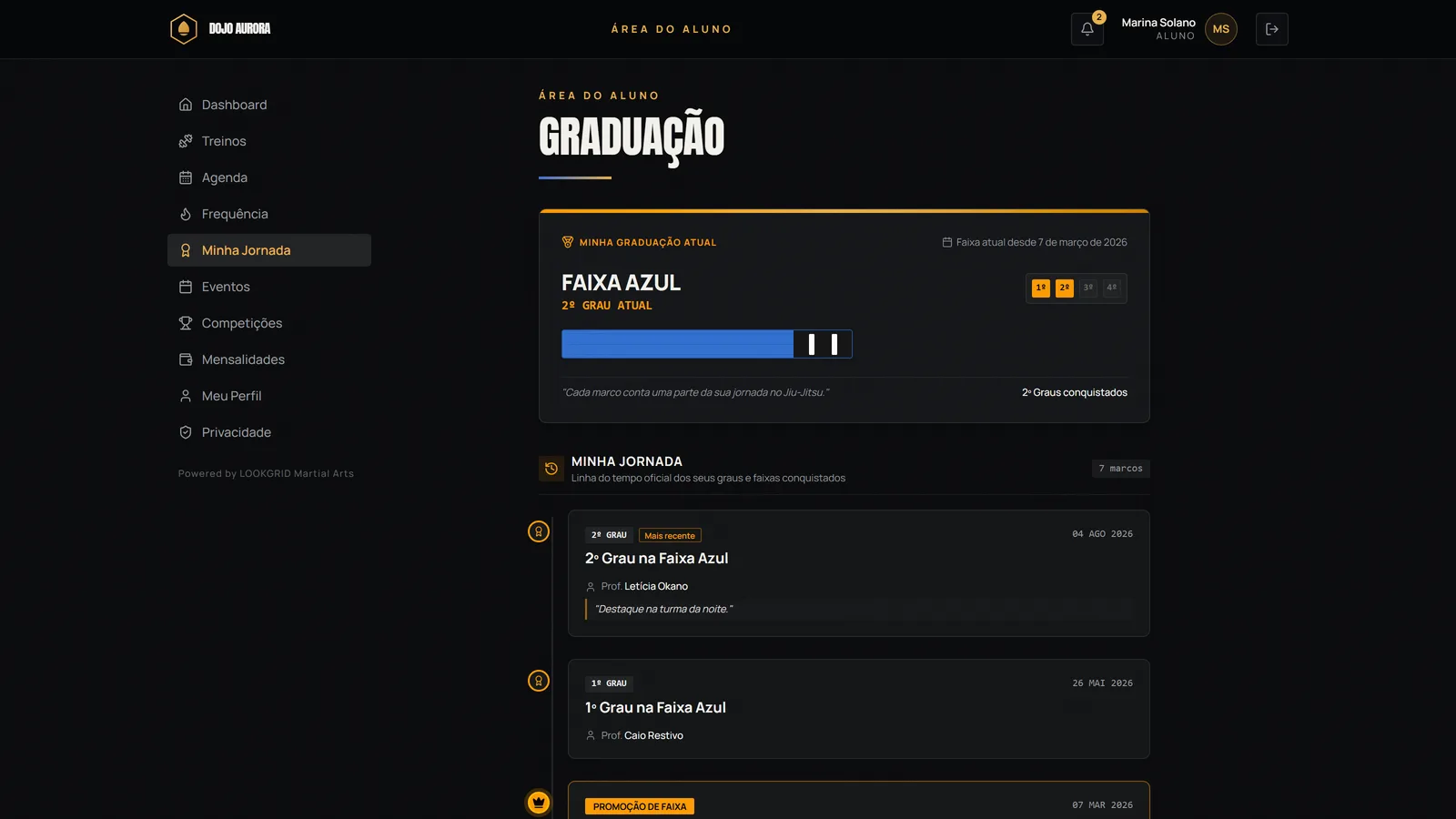 Tela Minha Jornada do aluno com faixa, graus e histórico de graduações
