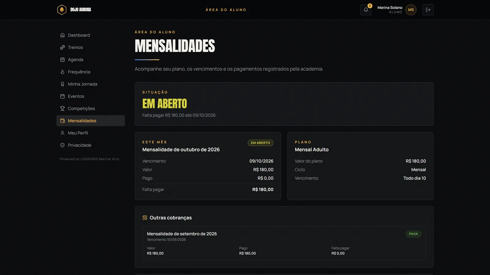 Tela de mensalidades do aluno com situação do mês, plano e cobranças anteriores