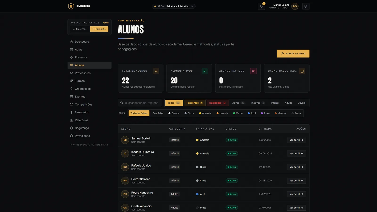 Lista de alunos do LOOKGRID Martial Arts com faixa, categoria e situação