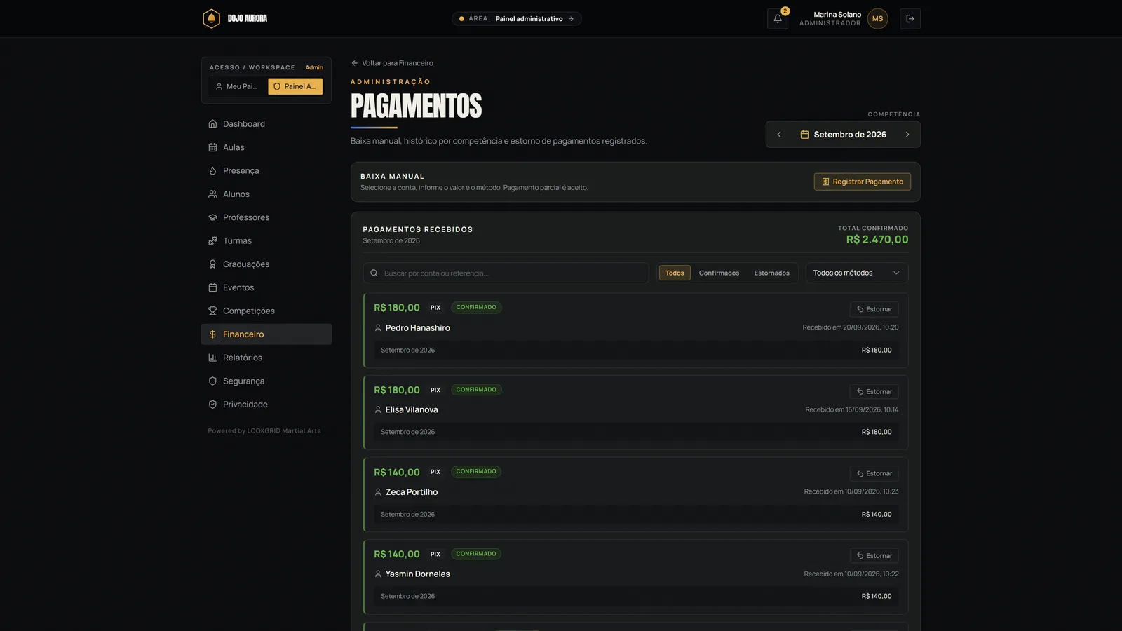 Tela de pagamentos do LOOKGRID Martial Arts com valores conciliados
